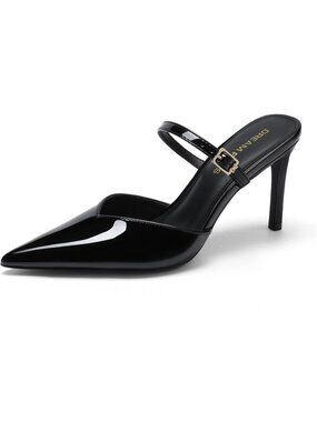 Women's Black Pat Closed Toe High Heels Mules Ankle Strap Stiletto Pumps Shoes